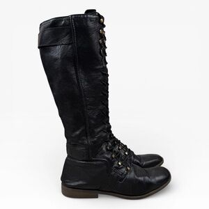 Y2K Lace Up Boots Black Leather Knee High Calvin Klein Sz 8.5